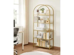 Vasagle Bücherregal 5 Ablagen Hartglas 30,2 cm x 83 cm x 183,5 cm Gold