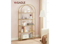 Vasagle Bücherregal 5 Ablagen Hartglas 30,2 cm x 83 cm x 183,5 cm Gold