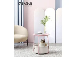 Tische^Vasagle Beistelltisch mit Stoff-Korb Ø 45 cm x 51 cm Rosa-Weiß