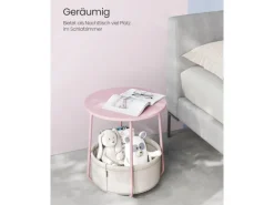 Tische^Vasagle Beistelltisch mit Stoff-Korb Ø 45 cm x 51 cm Rosa-Weiß
