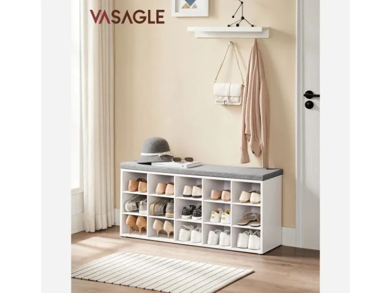 Regal Weiß|Sitzbänke^Vasagle Schuhbank mit Sitzkissen 30 cm x 105 cm x 48 cm Weiß-Grau