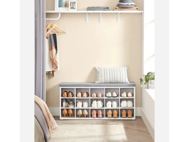 Regal Weiß|Sitzbänke^Vasagle Schuhbank mit Sitzkissen 30 cm x 105 cm x 48 cm Weiß-Grau