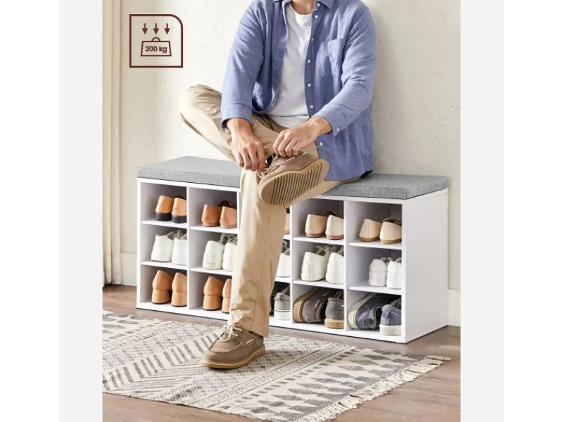 Regal Weiß|Sitzbänke^Vasagle Schuhbank mit Sitzkissen 30 cm x 105 cm x 48 cm Weiß-Grau