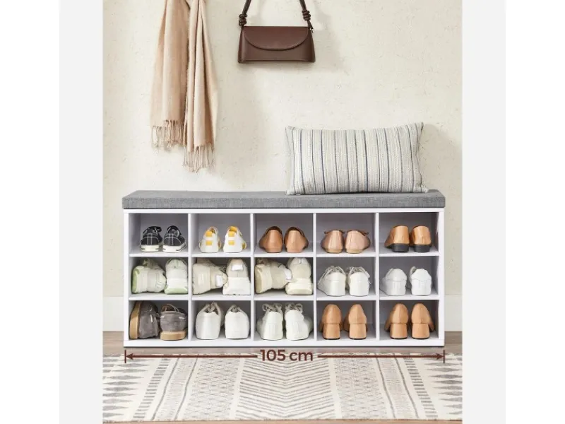 Regal Weiß|Sitzbänke^Vasagle Schuhbank mit Sitzkissen 30 cm x 105 cm x 48 cm Weiß-Grau
