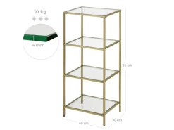 Bücherregale^Vasagle Standregal 4 Ablagen Hartglas 30 cm x 40 cm x 95 cm Gold
