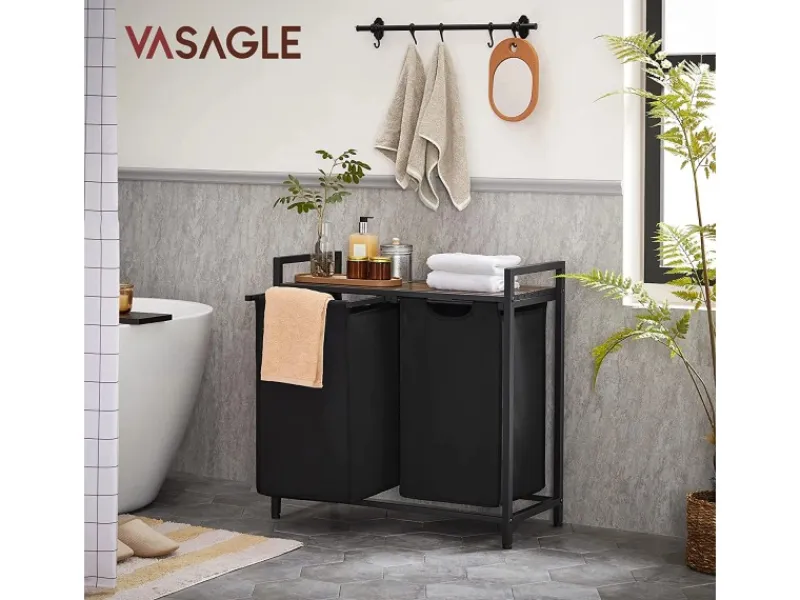 Vasagle Wäschekorb 2 Fächer 33 cm x 73 cm x 72 cm Braun-Schwarz 92 l