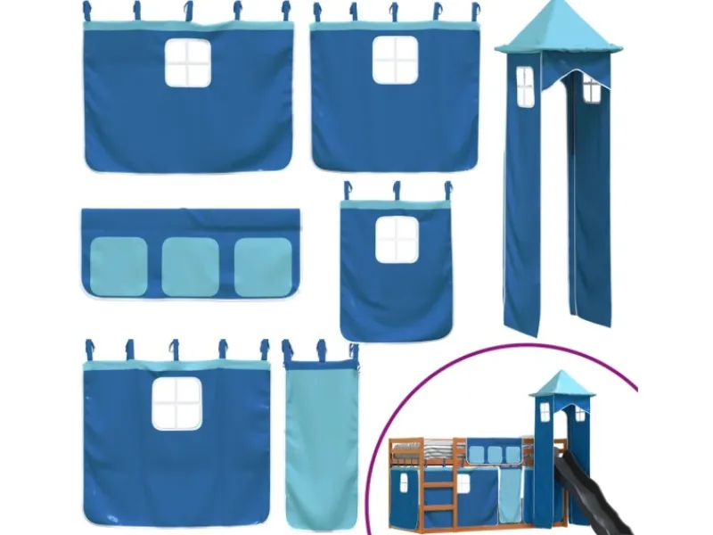Bettwäsche^vidaXL Etagenbett mit Rutsche und Gardinen Blau 90x200 cm2097616