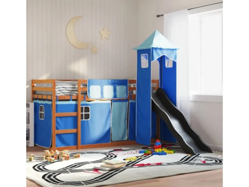 Bettwäsche^vidaXL Etagenbett mit Rutsche und Gardinen Blau 90x200 cm2097616