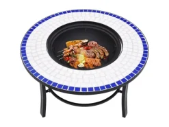Mosaik^vidaXl Feuerstelle Mosaik Keramik Blau und Weiß 68 cm