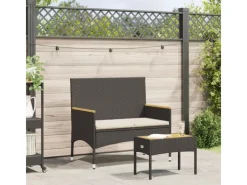 vidaXL Gartenbank 2-Sitzer mit Kissen und Tisch Schwarz Poly Rattan