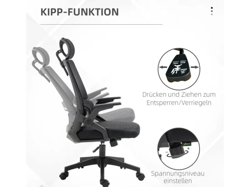 Vinsetto Stühle^Bürostuhl mit Wippfunktion Mesh Schwarz 58L x 61B x 102-119H cm