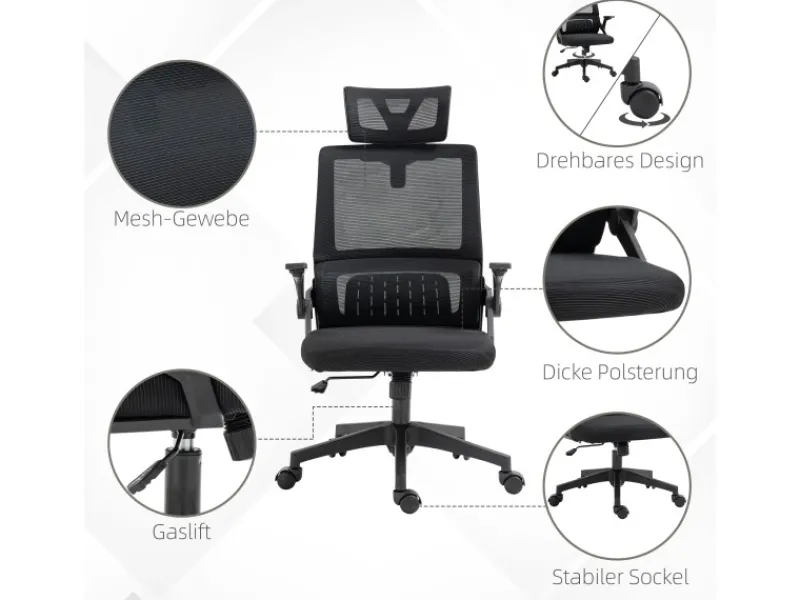 Vinsetto Stühle^Bürostuhl mit Wippfunktion Mesh Schwarz 58L x 61B x 102-119H cm