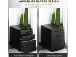 Vinsetto Rollcontainer mit 3 Schubladen Aufbewahrung Stahl Schwarz 39 x 48 x59cm