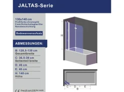 Aquabatos Badewannenfaltwand 130 x 140 cm 3tlg. Badewannenaufsatz Dusche Duschabtrennung Duschwand für Badewanne 5mm ESG Echtglas