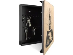 Banjado Schlüsselkasten Holz 30x30cm Schwarz Scharnier Rechts 50 Haken Design Schlüsselbox Motiv Entdecker-Laterne