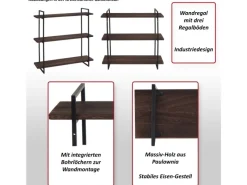 BERLINLODGE Wandregal HxBxT 60x60x18cm 3 Regalböden Massiv-Holz Industrial Weiß Hängeregal Schweberegal
