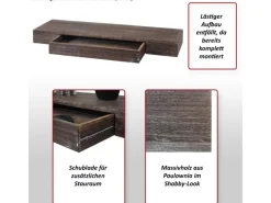 BERLINLODGE Wandregal HxBxT 8x80x25cm Schublade Massiv-Holz Schweberegal Wandboard Hängeregal Regal