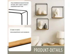 BERLINLODGE Wandregal Metall/Bambus 3er Set Schweberegal 3-Teiliges Hängeregal Würfelregal Schrankregal Wanddeko Und Ablage Schwarz/Holz