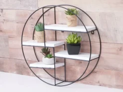 New BERLINLODGE Wandregal Rund HxBxT 45x45x11cm 4 Regalböden Metall Massiv-Holz Industrial Hängeregal Schweberegal Regal Weiß