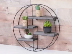 BERLINLODGE Wandregal Rund HxBxT 45x45x11cm 4 Regalböden Metall Massiv-Holz Industrial Dunkel Hängeregal Schweberegal Regal