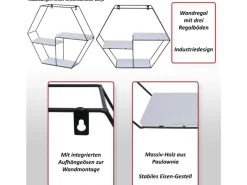 New BERLINLODGE Wandregal Sechseckig HxBxT 43x49x11cm 3 Regalböden Metall Massiv-Holz Industrial Dunkel Hängeregal Schweberegal Regal Grau