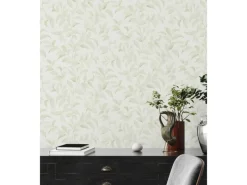 Bricoflor Blätter Tapete Mediterran Grüne Vliestapete mit Ranken für Küche und Flur Mustertapete in Creme Hellgrün mit Struktur