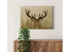 Bricoflor Landhaus Bild Mit Hirsch Tier Wandbild Mit Hirschgeweih Ideal Für Wohnzimmer Und Esszimmer Leinwandbild Mit Geweih In Grün Und Beige