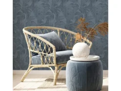 Discount Bricoflor Leinen Tapete in Dunkelblau Palmen Vliestapete Blau in Leinenoptik Boho Mustertapete mit Palmenblätter Farn Design für Wohnzimmer