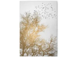 Bricoflor Leinwandbild Mit Baumkrone Vogelschwarm Wanddeko Bild In Gold Weiß Schwarz Romantisches Wandbild In 80 X 120 Cm