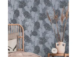 Best Bricoflor Tapete Monster Pflanzen Palmenblätter Vliestapete in Blau Silber Moderne Mustertapete in Dunkelblau für Schlafzimmer