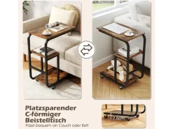 Costway Beistelltisch 2er Set Sofatisch mit Rollen C-Form Kaffeetisch