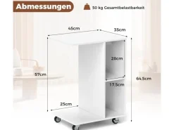 Outlet Costway Beistelltisch mit Rollen Sofatisch C-Form Nachttisch Weiß