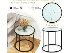 Costway Beistelltisch Runder Sofatisch mit Glasplatte 50 x 50 x 50 cm