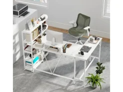 Costway Schreibtisch L-Form mit Ladestation & Bücherregal