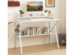 Best Costway Schreibtisch mit Monitorständer PC-Tisch mit Regal Weiß