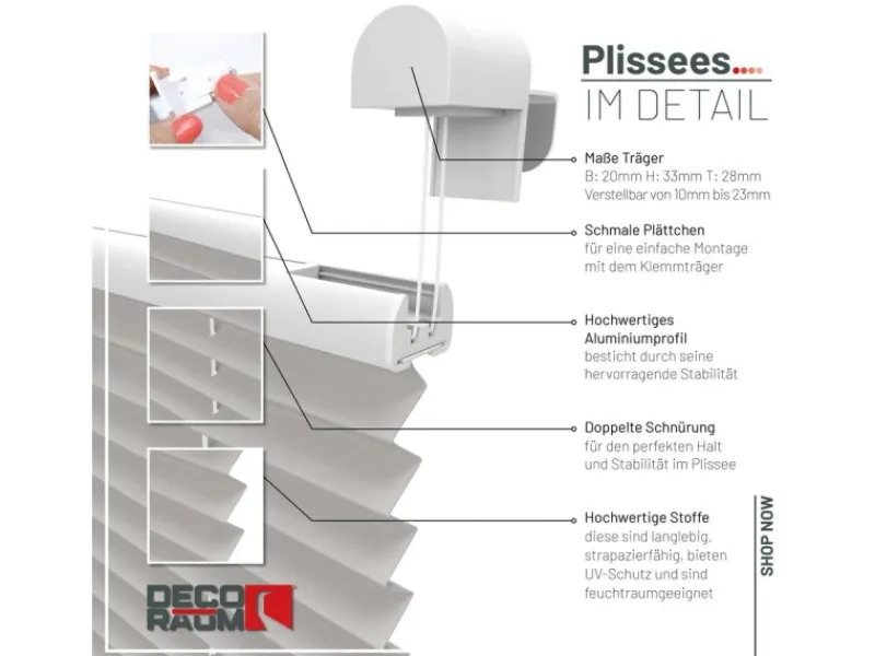 Deco-Raum Plissee Basic ohne Bohren 40x150cm Blickdicht Klemmfix