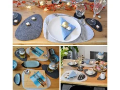 DuneDesign Tischset für 4 Personen Flusskiesel-Design Hellgrau