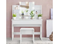 ECD Germany Schminktisch Set mit Hocker Spiegel LED-Beleuchtung 108x40x140 cm