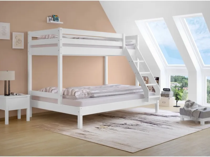 Erst-Holz Doppel-Etagenbett 90 x 200 cm und 140 x 200 cm Erwachsene Kiefer Weiß Modell 18 ohne Zubehör