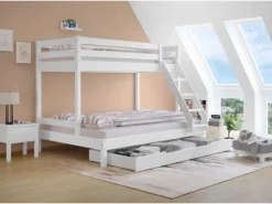 Erst-Holz Doppel-Etagenbett 90 x 200 cm und 140 x 200 cm Erwachsene Kiefer Weiß Modell 18 Rollrost inkl.