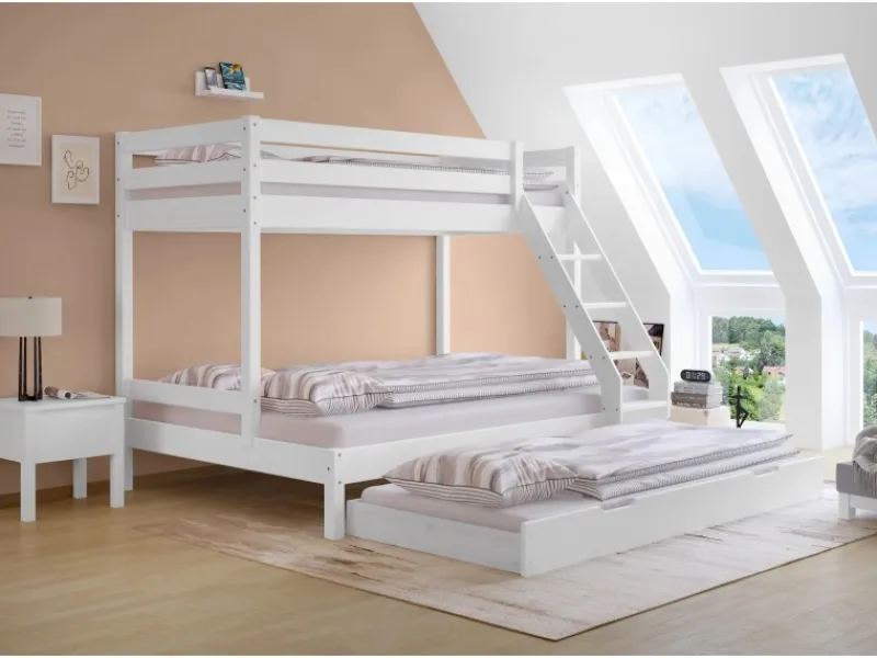 Erst-Holz Doppel-Etagenbett 90 x 200 cm und 140 x 200 cm Erwachsene Kiefer Weiß Modell 18 Rollrost inkl.