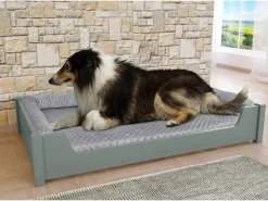 Outlet Erst-Holz Kuscheliges Haustierbett Extra Groß 120 x 70 cm Kiefer Grau mit Rollrost. Polster und Matratze