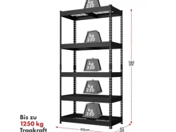 Clearance Floordirekt Schwerlastregal Yukon Rivet 5 Böden 180 x 90 x 45 cm Schwarz
