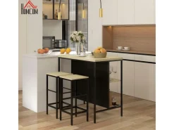 HOMCOM Bartisch mit Barhocker Set 3-tlg. im Modern-Stil Stahl Eiche