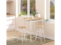 HOMCOM Bartisch Set 3-Teilig mit Lagerregal MDF-Platte Weiß Eiche 80 x 50 x 90 cm