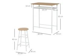 HOMCOM Bartisch Set 3-Teilig mit Lagerregal MDF-Platte Weiß Eiche 80 x 50 x 90 cm
