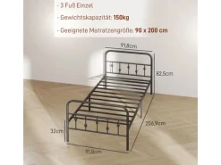 HOMCOM Bettrahmen Bettgestell Metall Schwarz 206,9L x 91,8B x 82,5H cm