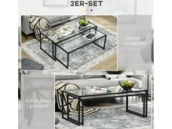 HOMCOM Couchtisch 2er-Set für Schlafzimmer Gehärtetes Glas Stahl Schwarz