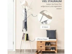 HOMCOM Garderobenständer mit 8 Haken Ablage Metall Weiß 45 x 45 x 180 cm