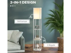 HOMCOM Stehleuchte mit Regalen E27 Holz Weiß 26 x 26 x 160 cm Ohne Glühbirne